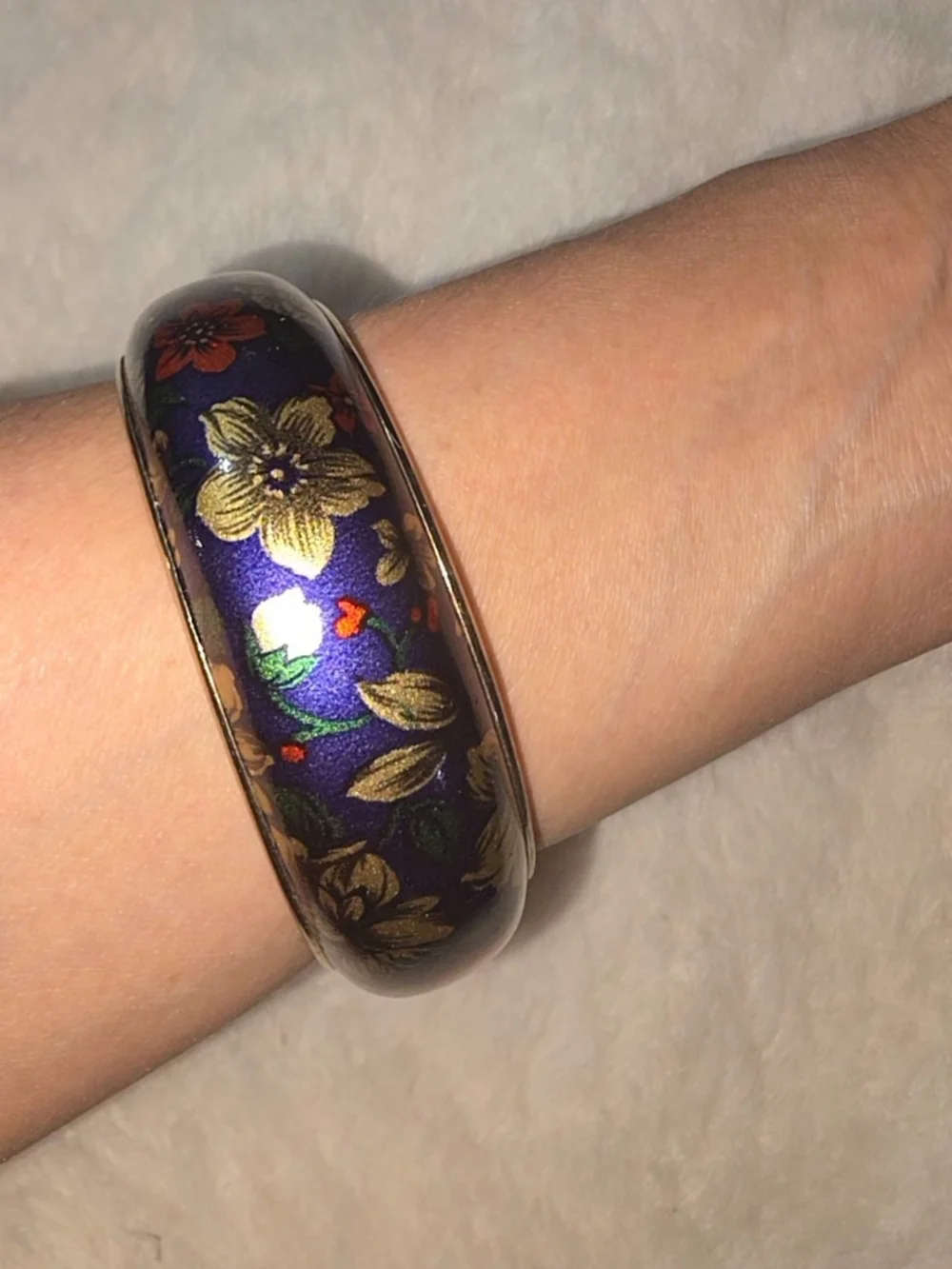 Blue and Gold Floral Cloisonné Bangle Bracelet. Vintage